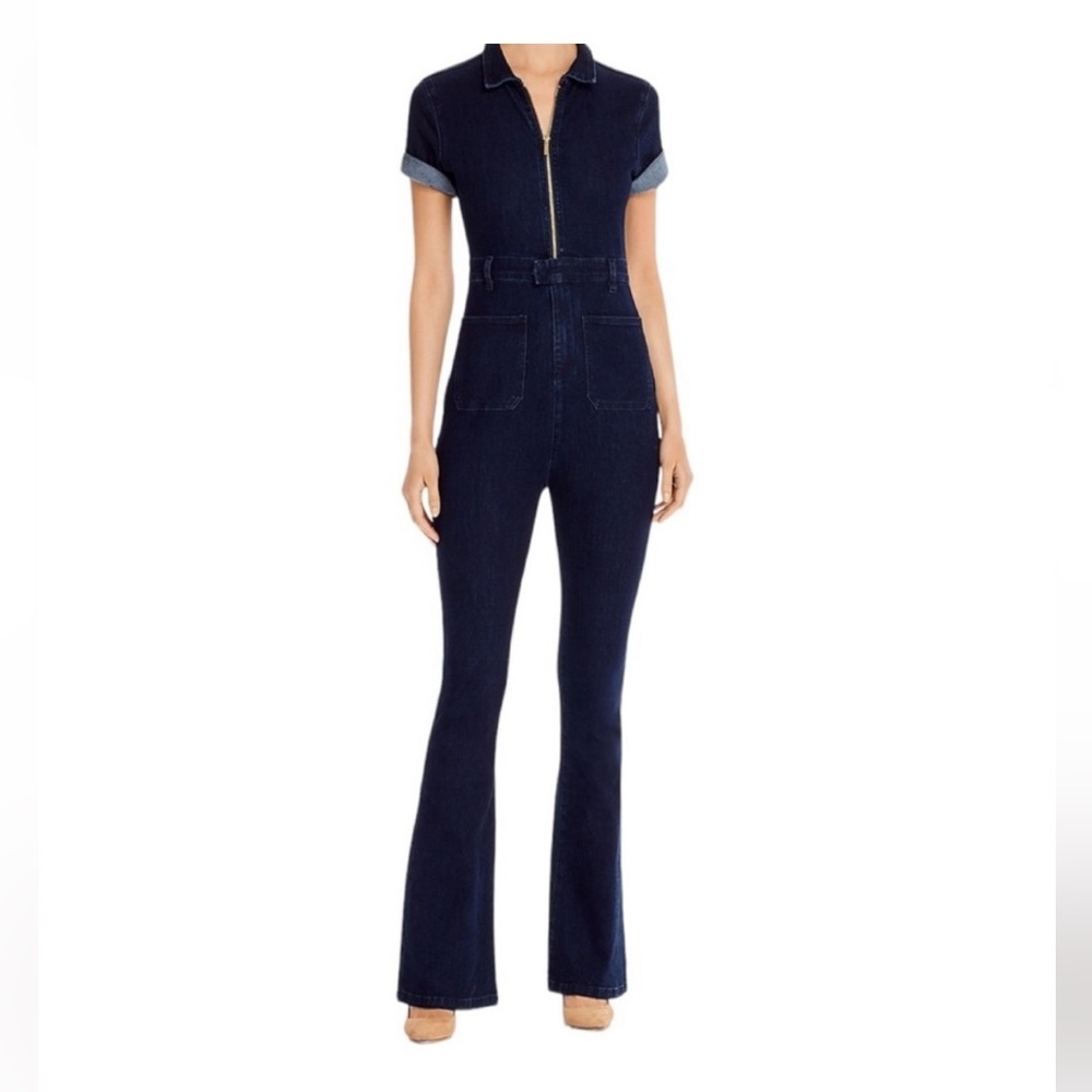 WeWoreWhat Dark Wash Denim Short Sleeve Flare Jumpsuit size Mediun